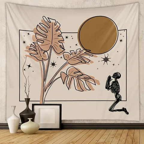 Tapiz De Pared Bohemio Poliéster Esqueleto Rezando Hojas De Monstera Sol Luna Estrella Decoración Hogar Retro