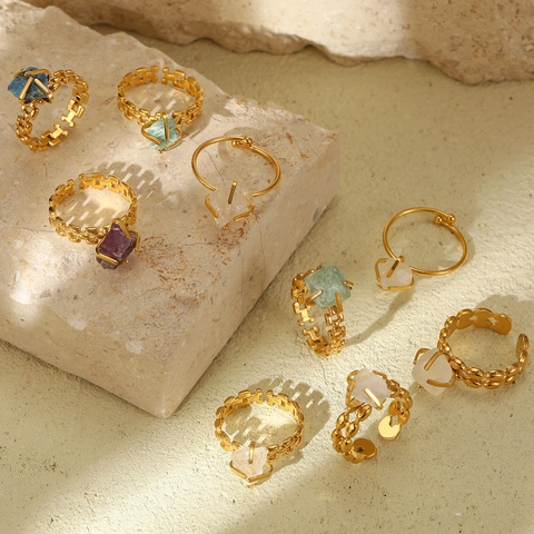 Anillo Abierto Ajustable de Acero Inoxidable Vintage para Mujer Chapado en Oro Cadena Hueca Geométrica Joyería de Piedra Natural