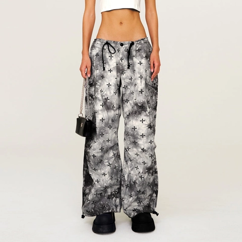 Women Cargo Pants Tie Dye Streetwear Cotton Loose Wide Leg Trousers With Cross Print And Adjustable Drawstring Cuffs