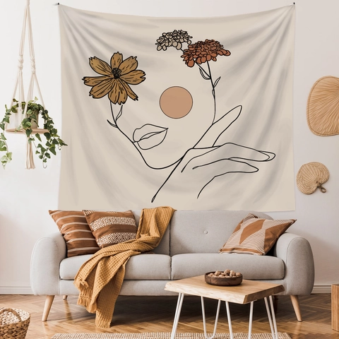 Tapiz De Pared Minimalista Rostro Mujer Flor Poliéster Estilo Bohemio Decoración Hogar Para Dormitorio Sala De Estar