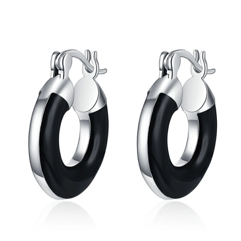 Orecchini A Cerchio Geometrici Smalto Nero Rame Con Perno In Argento Sterling 925 Moda Minimalista Per Donne