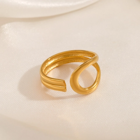Stainless Steel Gold Plated Wavy Ring Minimalist Double Layer Geometric Adjustable Open Finger Jewelry For Women Fashion
