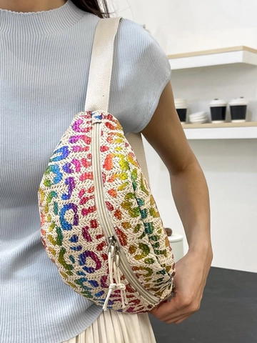 Luipaardprint Stro Heuptas Voor Dames Regenboog Kleuren Gevlochten Fanny Pack Borsttas Strand Reizen Trendy
