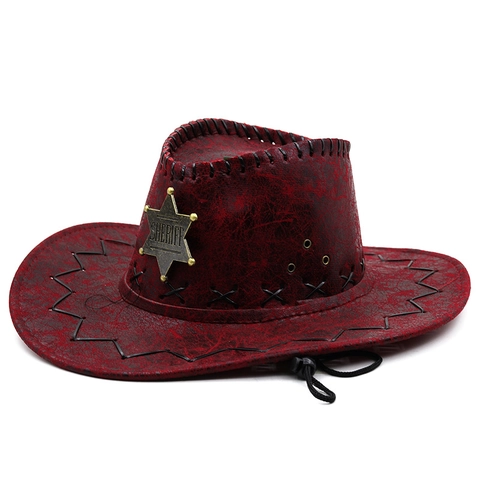 Cappello Da Cowboy Western Sheriff Ecopelle Tesa Larga Stella Distintivo Regolabile Retrò Festa Cosplay Unisex