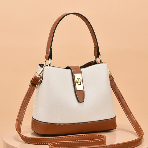 Women PU Leather Bucket Bag Patchwork Large Capacity Shoulder Bag With Metal Twist Lock Elegant Handheld Crossbody Bag