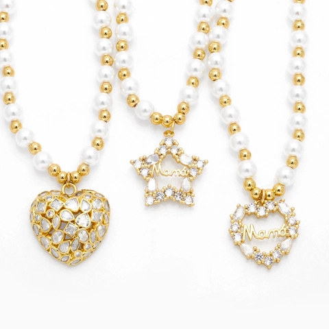 Mama Buchstabe Anhänger Halskette Imitation Künstliche Perle Gold Überzogenes Kupfer Herz Stern Zirkonia Minimalistischer Schmuck