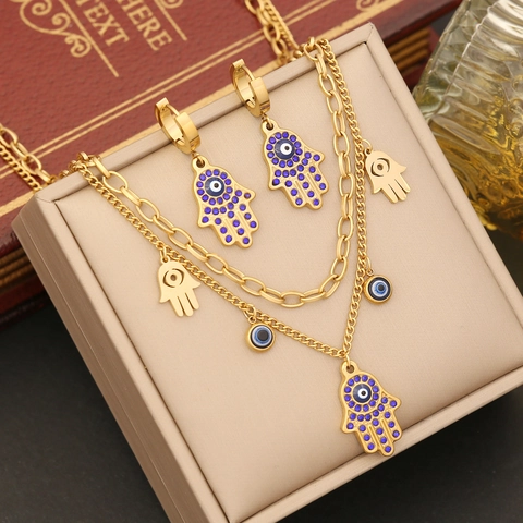 Hamsa Hand Evil Eye Jewelry Stainless Steel Gold Plated Multilayer Necklace Bracelet Earrings Bohemian Style For Women