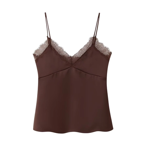 Women Satin Camisole Lace Trim V-Neck Spaghetti Strap Sleeveless Satin Texture Inner Wear Sexy Solid Fashion Tank Top