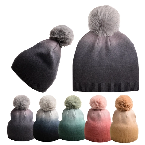 Women Gradient Tie-Dye Knit Beanie Hat With Faux Fur Pom-Pom Winter Warm Ear Protection Outdoor Ski Skull Cap