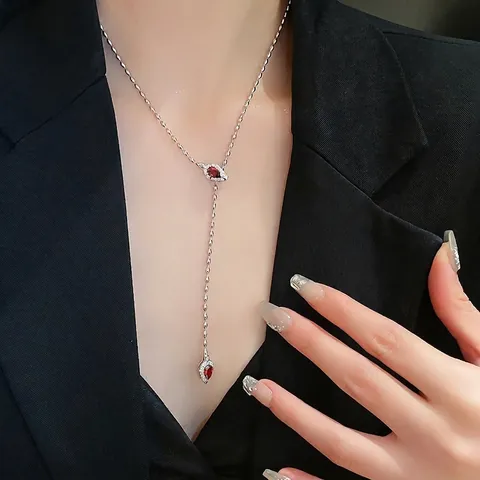 Y-Shaped Necklace Copper Zircon Inlaid Teardrop Pendant Lariat Chain Adjustable Elegant For Women Jewelry