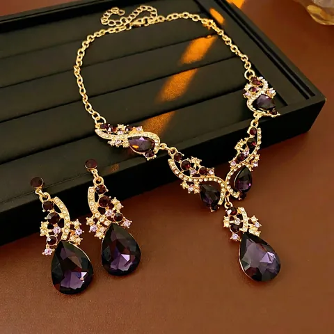 Conjunto Joyería Vintage Lujo Collar Y Pendientes Cristal Gota De Agua Púrpura Diamante De Imitación Cobre Mujeres Fiesta Boda