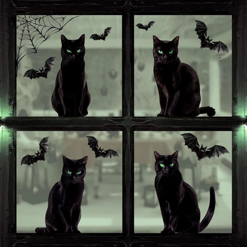 Halloween Window Clings Black Cat Bats Spider Web PVC Wall Stickers Silhouette Decals For Party Home Window Decoration