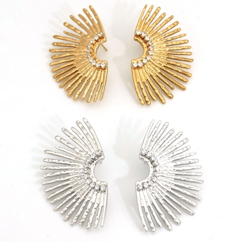 Stainless Steel Fan Shaped Stud Earrings With Rhinestone Sunburst Geometric Hammered Jewelry For Women
