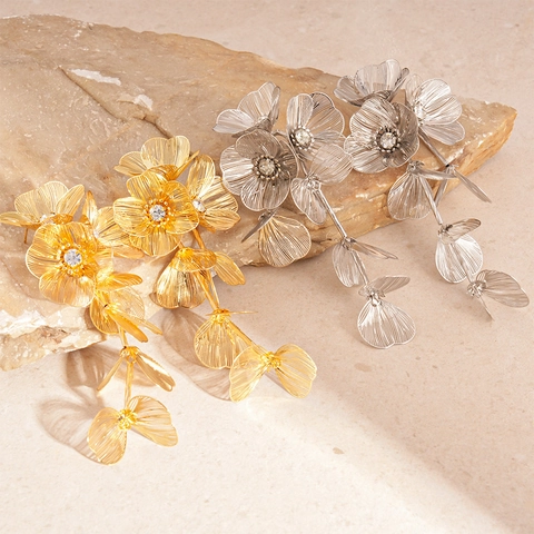 Flower Petal Tassel Long Drop Earrings With Rhinestones And 925 Sterling Silver Earring Post Copper Metal Mesh Elegant