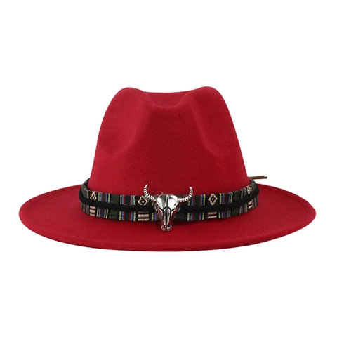 Sombrero Fedora de Poliester Vintage para Mujer Hombre Ala Ancha Western Cowboy Jazz Hat Con Hebilla de Metal de Cráneo de Toro Y Banda Étnica Sol Exterior