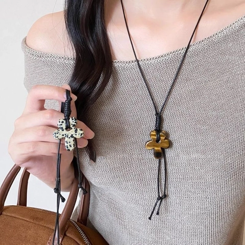 Collar Con Colgante De Flor Piedra Natural Ojo De Tigre Manchada Cordón De Cera Negro Joyería Hecha A Mano Étnica Vintage Mujer