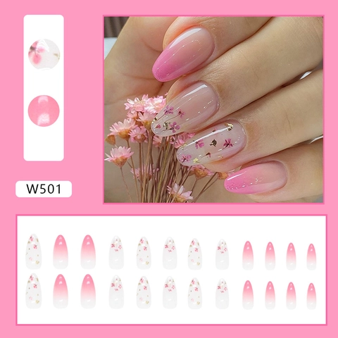 Uñas Postizas A Presión Degradado Rosa Ombre Con Flores Secas Y Pan De Oro Forma De Almendra Larga Para Mujeres Estilo Femenino