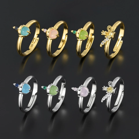 Anello Aperto Regolabile Rame Zircone Colorato Animale Cuore Corona Cartone Animato Stile Principessa Accessorio