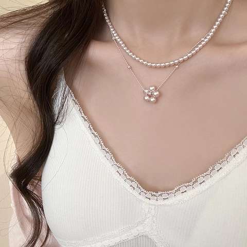 Collana Di Künstliche Perle Stile Francese Doppio Strato Choker Di Perline Con Pendente A Fiore Catena Di Clavicola Elegante Per Donne