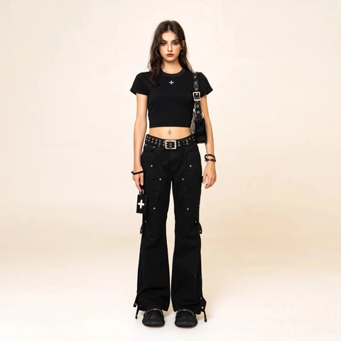 High Waist Cargo Flared Pants For Women Cotton Twill Multi Pocket Metal Rivet Streetwear Punk Style Long Trousers