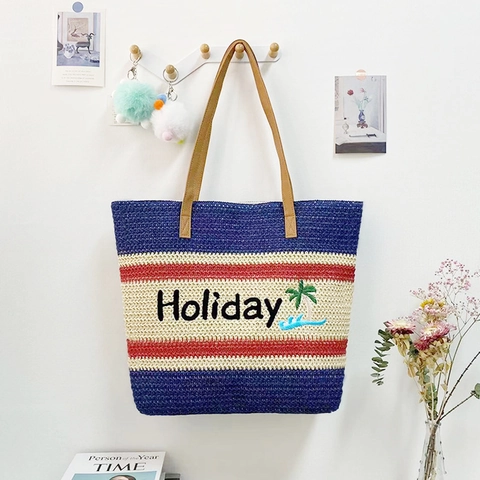 Bolso Tote De Paja Tejida A Rayas Bolso De Hombro Grande Para Playa Con Bordado De Palmeras Holiday Y Asas De Cuero PU Cremallera