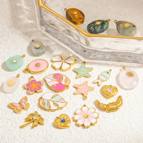 DIY Charms Pendants Stainless Steel Enamel Natural Stone Zirconia For Jewelry Making Waterproof Hypoallergenic Accessory