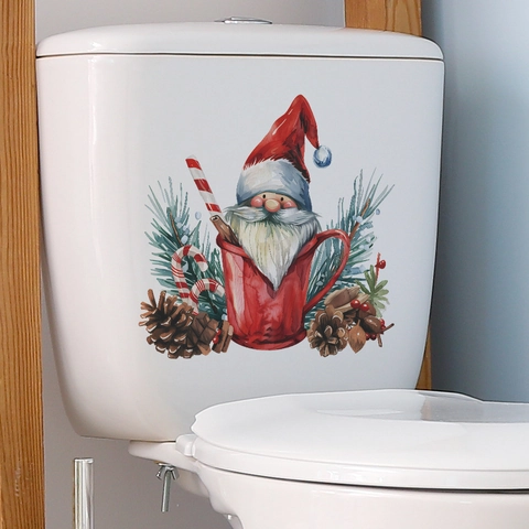 Autocollant Couvercle Toilettes Père Noël Noël PVC Amovible Décoration Murale Salle De Bains Festive Aquarelle