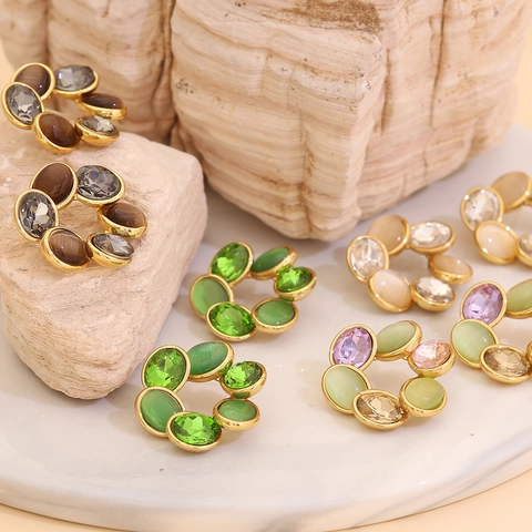 Vintage Cat Eye Stone Stud Earrings Geometric Round Floral Wreath With Stainless Steel Earring Post For Women