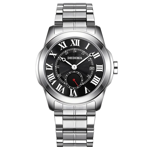 DEDIMA Herren Quarzuhr Edelstahlgehäuse Lederarmband Römische Ziffern Kalender Wasserdicht Business Casual Armbanduhr