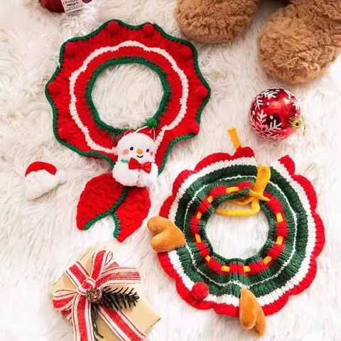 Pet Christmas New Year Knit Cotton Bib Collar Festive Adjustable Crochet Scarf For Small Dogs Cats Holiday Party Decoration