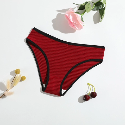 Women Cotton Ribbed Panties Low Waist Breathable Contrast Binding Solid Color Soft Stretch Briefs Underwear Lingerie