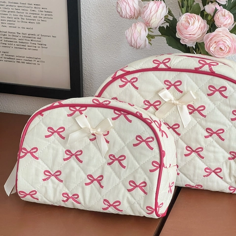 Borsa Trucco In Cotone Trapuntato Decorazione Fiocco Organizzatore Da Viaggio Grande Capacità Stile Dolce Pochette Mezzaluna Con Cerniera