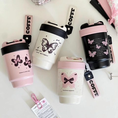 Insulated Coffee Mug 316 Stainless Steel Ceramic Liner With Strap And Straw Portable Travel Tumbler Cup