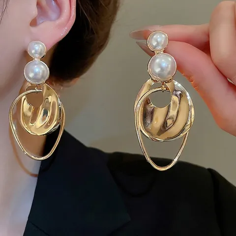 Orecchini Pendenti Tondi Irregolari Geometrici Con Künstliche Perle D'imitazione E Perno In Argento Moda Retro Esagerata Donna Oro