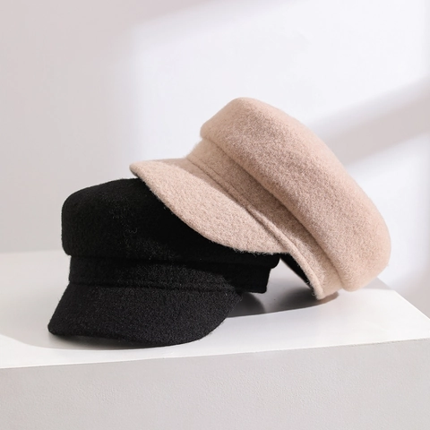 Women Retro British Style Wool Flat Top Cadet Hat Autumn Winter Warm Fashion Military Cap Adjustable Baseball Cap Solid Color Newsboy Hat
