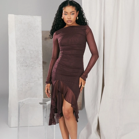 Robe Longue En Maille À Manches Longues Pour Femme Avec Ourlet À Volants Irrégulier Et Détails Froncés Style Automne