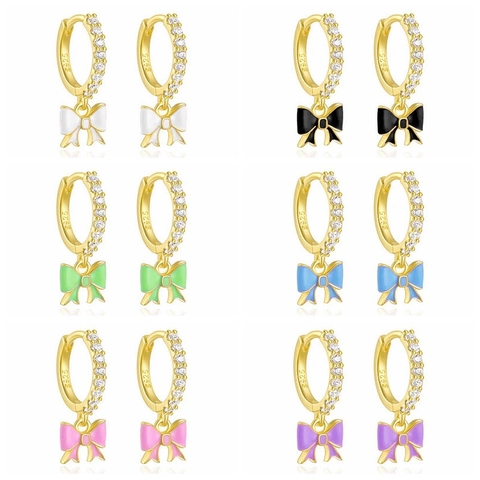 Orecchini a Cerchio Geometrici con Fiocco e Perno in Argento Sterling 925 Smalto Zirconia Rame Orecchini per Donna Gioielli