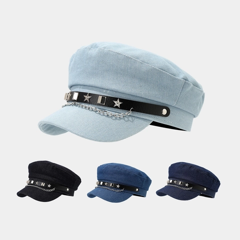 Cappello Militare Piatto In Denim Per Donna Stile Punk Retrò Berretto Da Marinaio Con Catena In Metallo E Borchie A Stella Regolabile