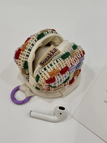 Handmade Style Mini Earphone Storage Pouch Colorful Knitted Crochet Cotton Coin Purse With Plastic Hook For Women Girls