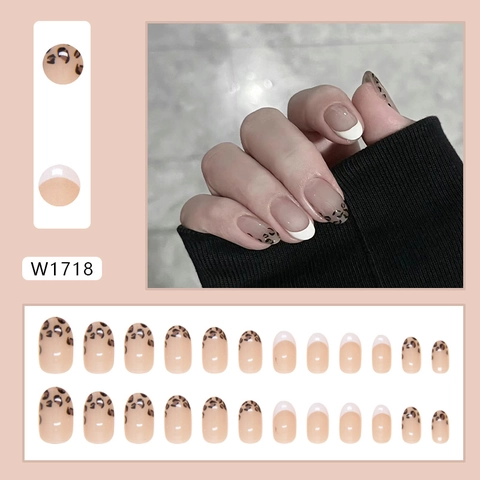 Uñas Press On French Tip Estampado De Leopardo Forma De Almendra Decoración De Manicura Desmontable Estilo Elegante Para Mujeres