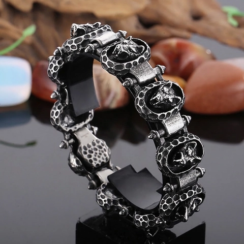 Wolf Head Link Bracelet For Men Stainless Steel Punk Biker Vintage Gothic Distressed Hammered Style