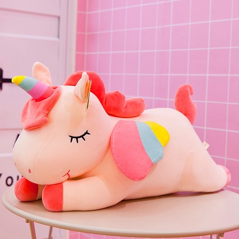 Unicorn Plush Toy Soft Short Plush Down Cotton Filling Rainbow Wings Horn Lying Position Sleep Pillow Birthday Gift For Kids