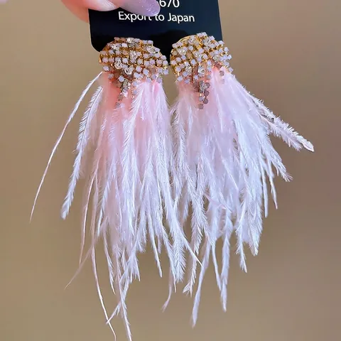 Pendientes Largos De Borla De Plumas Con Poste De Plata De Ley 925 Cobre Diamantes De Imitación Rosa Brillante Elegante Para Mujer