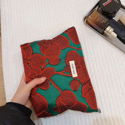 Neceser De Maquillaje Jacquard Floral Retro Bordado Vintage Verde Y Rojo Bolsa De Almacenamiento Con Cremallera Gran Capacidad Para Mujer