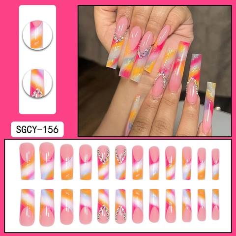 Long Coffin Press On Nails Colorful Gradient Swirl Design With Rhinestones Glitter Glossy Fake Nails For Manicure