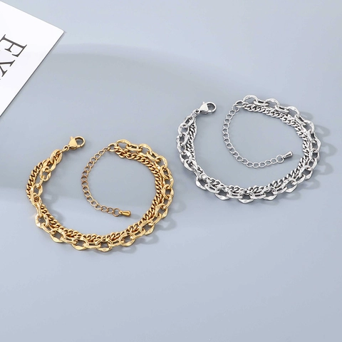 Double Layer Stainless Steel Bracelet Minimalist Cuban Link And Lip Chain Patchwork Adjustable Hip Hop Jewelry For Unisex