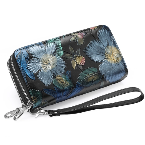 Damen Geldbörse Lang Aus Echtem Rindsleder RFID Schutz Doppelreißverschluss Geprägte Blumen Clutch Mit Handschlaufe Retro