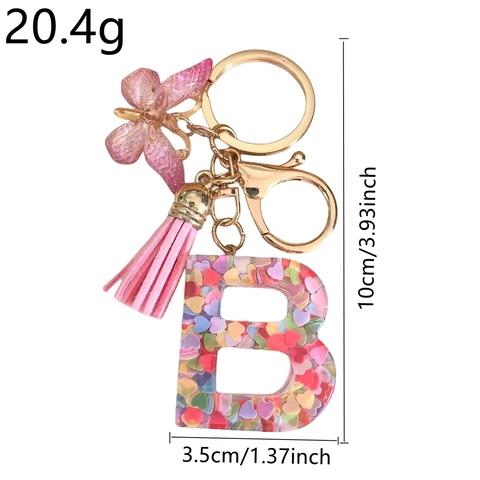 Pink Sequin Resin Alphabet Letter Keychain With Butterfly Tassel Gold Metal Key Ring Trendy Bag Pendant For Women Girls Gift