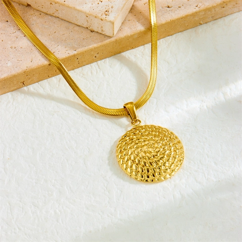 Round Spiral Disc Pendant Necklace Gold Plated Stainless Steel Textured Snake Chain Fashion Punk Jewelry For Women