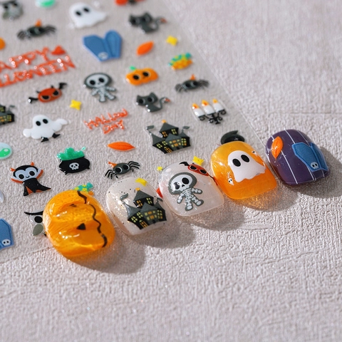 Adesivi Per Unghie 3D Halloween Rilievo Zucca Fantasma Pipistrello Teschio Castello Decalcomanie Autoadesive Fai Da Te